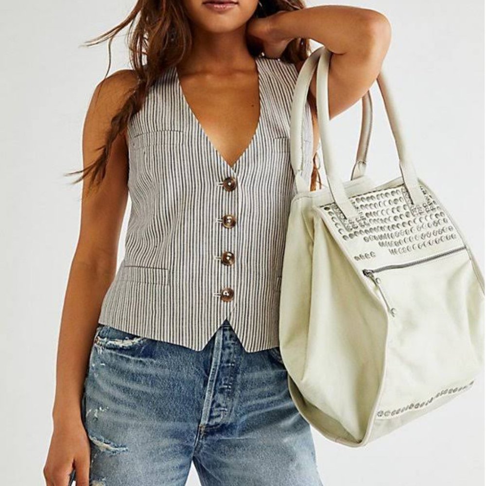 Free People Ryman Distressed Tote Studded Expendable Zipper Center - Picture 16 of 16